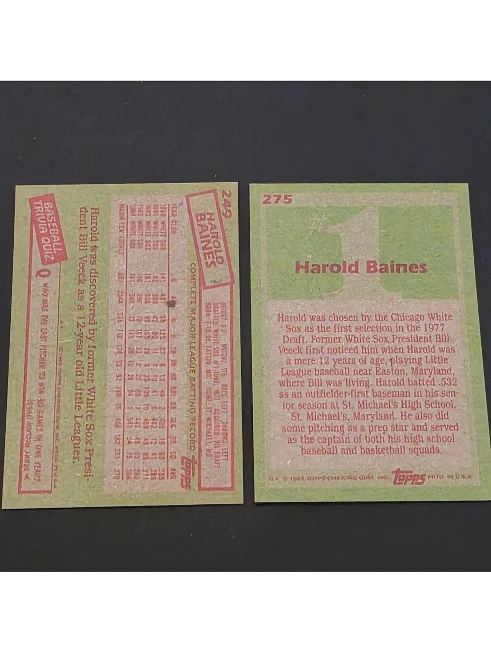 1985 Topps - Harold Baines Lot of 2 Cards #1 Draft Pick #275 & Base #249